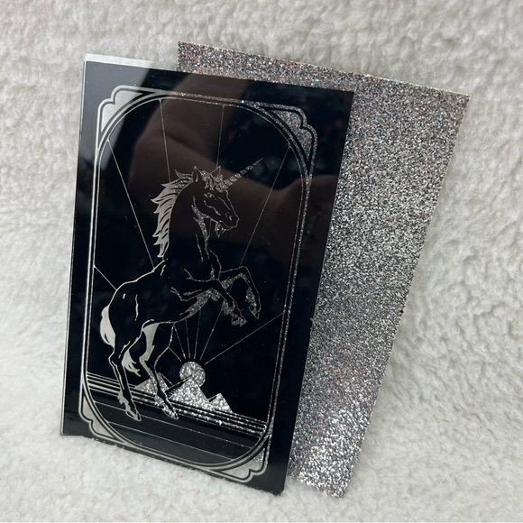 Painted glass vtg Lee Sales 1987 Unicorn black glitter silver 6" x 9" - Picture 4 of 10